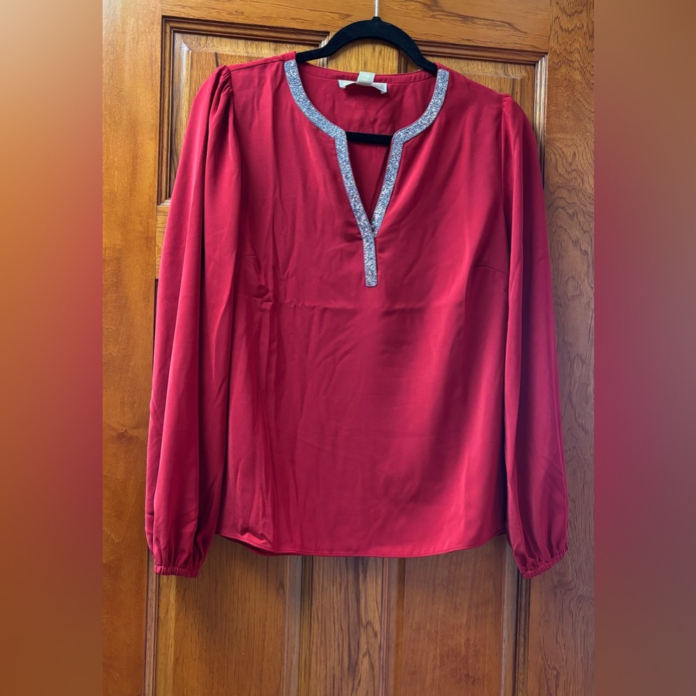 Michael Kors womens red silver trim neckline jeweled embellished shirt top Sz M